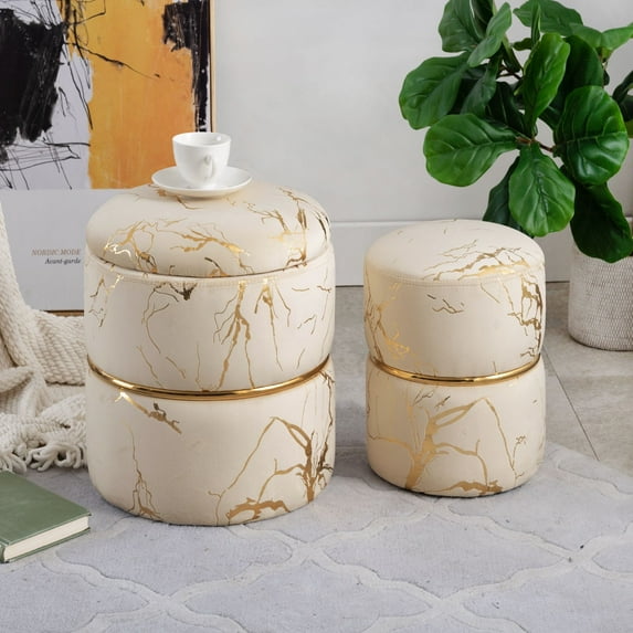 Round Khaki Velvet Storage Ottoman Upholstered Vanity Stool Chair Foot Rest ,Pack of 2