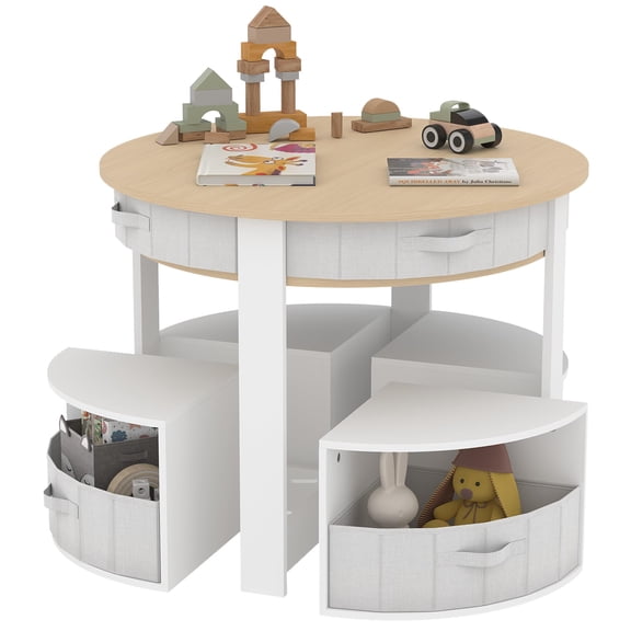 Round Kids Play Table with Storage Bins, Wooden Activity Play Table for Toddlers, Multi-Function Children Toy Play Desk with Detachable Storage Cabinets