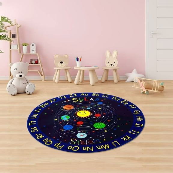 Round Kids Playmat Kids Educational Rug Solar System Alphabet, Play Rug Learning Carpet for Playroom Bedroom Nursery Non-Slip Soft Area Rug, 4 FT