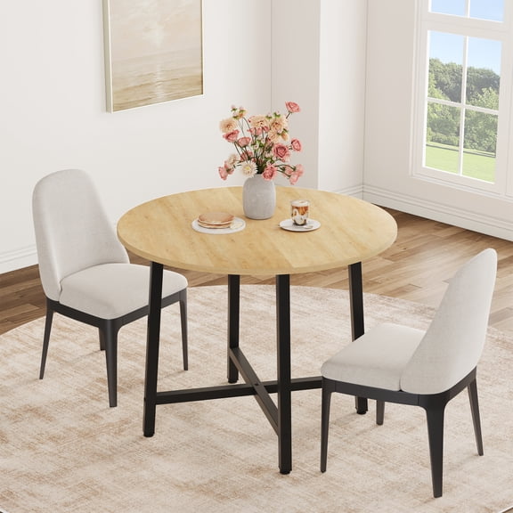 Round Kitchen Dining Table 31.5" for 2 People — Wood Circle Table with Heavy‑Duty Metal Frame, Space‑Saving for Small Spaces-Natural