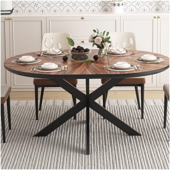 Round Kitchen Dining Table Extendable to 63", Solid Wood Pattern Top, Black Metal Frame, Walnut Finish