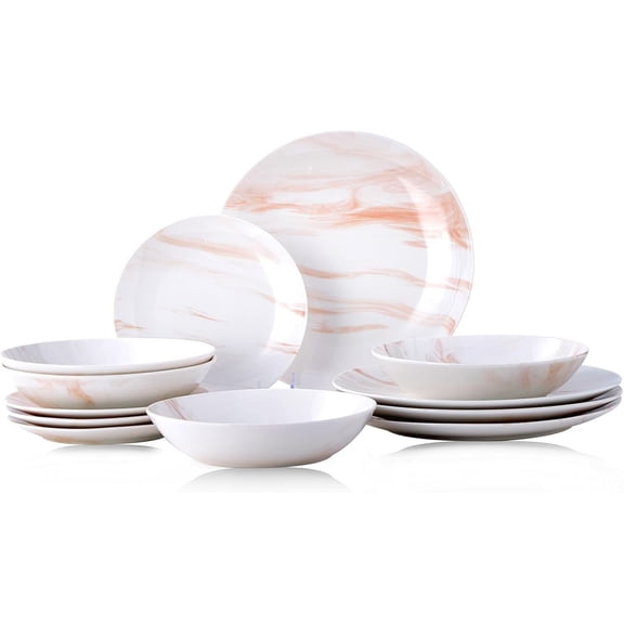 Round Kitchen Dinnerware Set Service for 4 Orange and Grey Marble 12 Pieces
