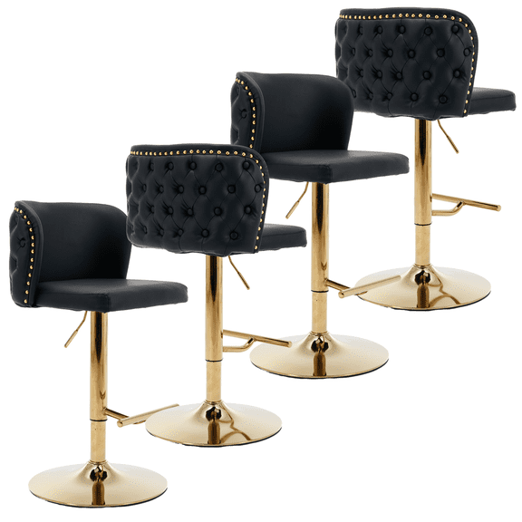 Round Kitchen High Bar Chairs with Golden Base PU Upholstered Bar Stool Chair Height Adjustable from 25-33 Inch Counter Chair with Back Swivel Barstool with Footrest for Kitchen (Set of 4)