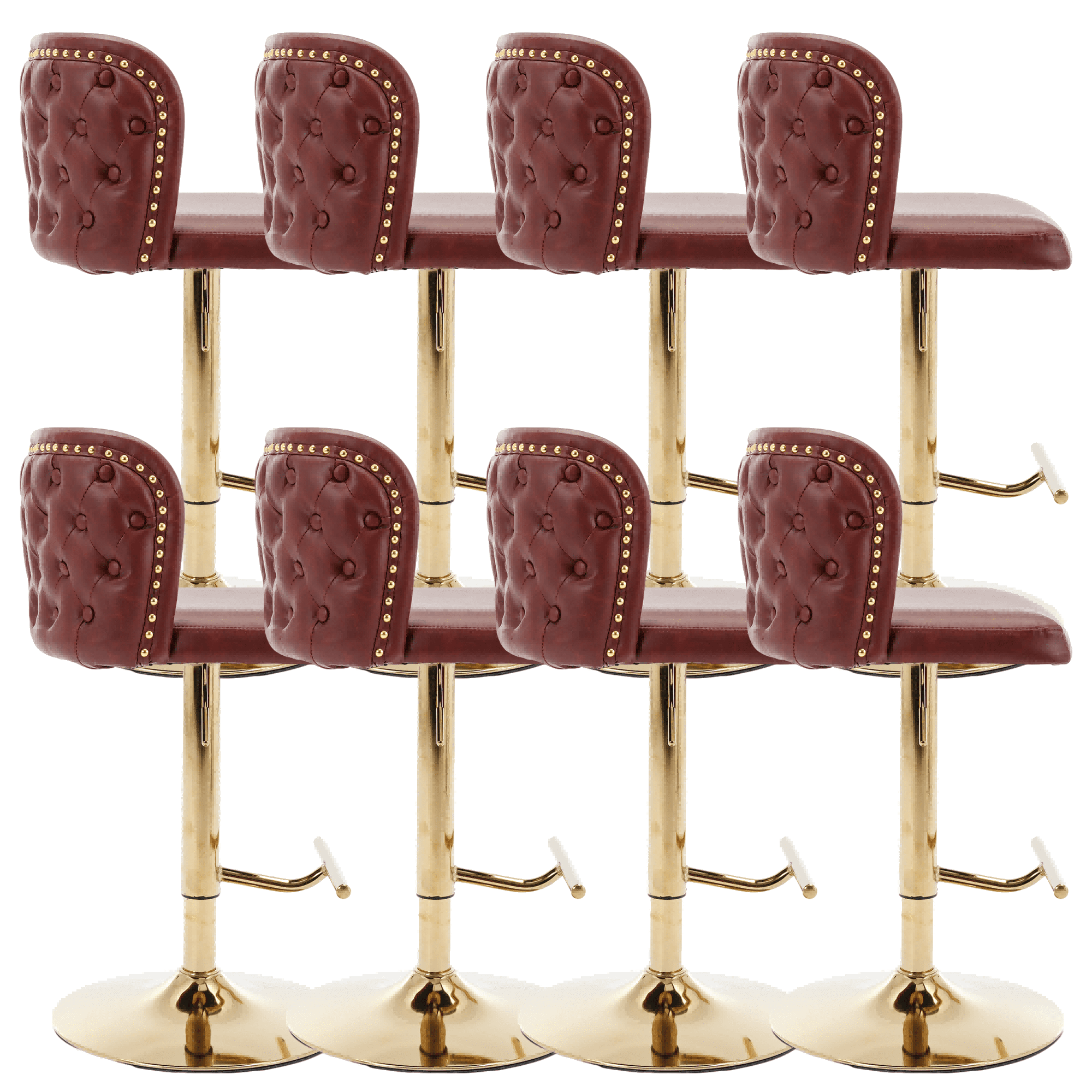 Round Kitchen High Bar Chairs with Golden Base PU Upholstered Bar Stool Chair Height Adjustable from 25-33 Inch Counter Chair with Back Swivel Barstool with Footrest for Kitchen (Set of 8)