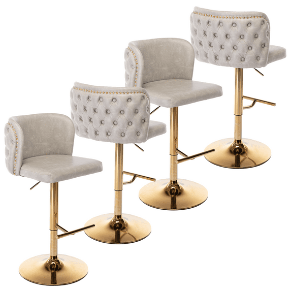 Round Kitchen High Bar Chairs with Golden Base PU Upholstered Bar Stool Chair Height Adjustable from 25-33 Inch Counter Chair with Back Swivel Barstool with Footrest for Kitchen (Set of 4)