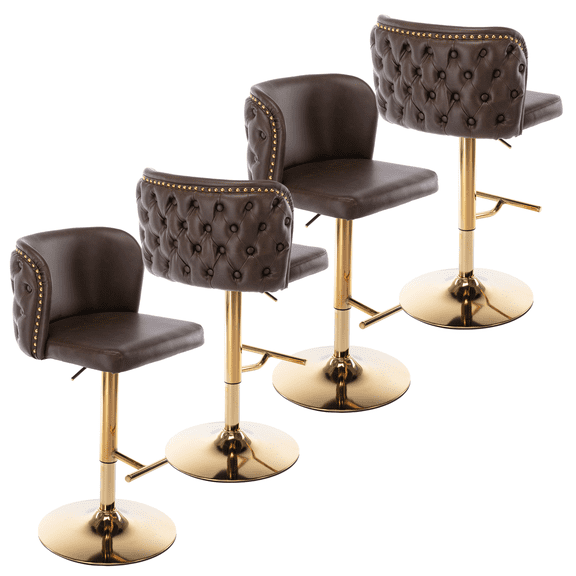 Round Kitchen High Bar Chairs with Golden Base PU Upholstered Bar Stool Chair Height Adjustable from 25-33 Inch Counter Chair with Back Swivel Barstool with Footrest for Kitchen (Set of 4)