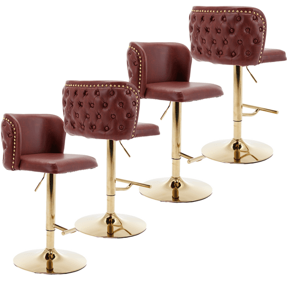 Round Kitchen High Bar Chairs with Golden Base PU Upholstered Bar Stool Chair Height Adjustable from 25-33 Inch Counter Chair with Back Swivel Barstool with Footrest for Kitchen (Set of 4)