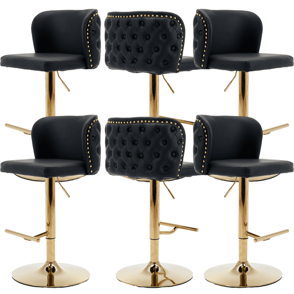 Round Kitchen High Bar Chairs with Golden Base PU Upholstered Bar Stool Chair Height Adjustable from 25-33 Inch Counter Chair with Back Swivel Barstool with Footrest for Kitchen (Set of 6)