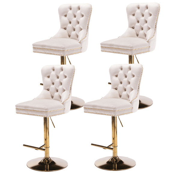 Round Kitchen High Bar Chairs with Golden Base Velvet Bar Stool Chair Height Adjustable from 27-35 Inch Counter Chair with Back Swivel Barstool with Footrest for Kitchen Dining Room (Set of 4)