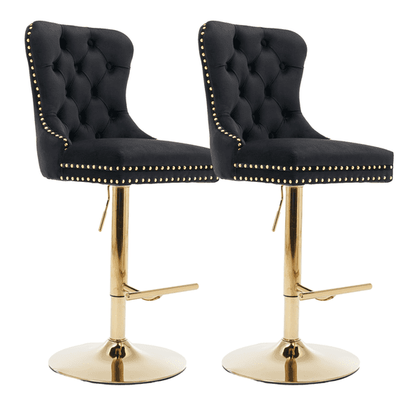 Round Kitchen High Bar Chairs with Golden Base Velvet Bar Stool Chair Height Adjustable from 27-35 Inch Counter Chair with Back Swivel Barstool with Footrest for Kitchen Dining Room (Set of 2)