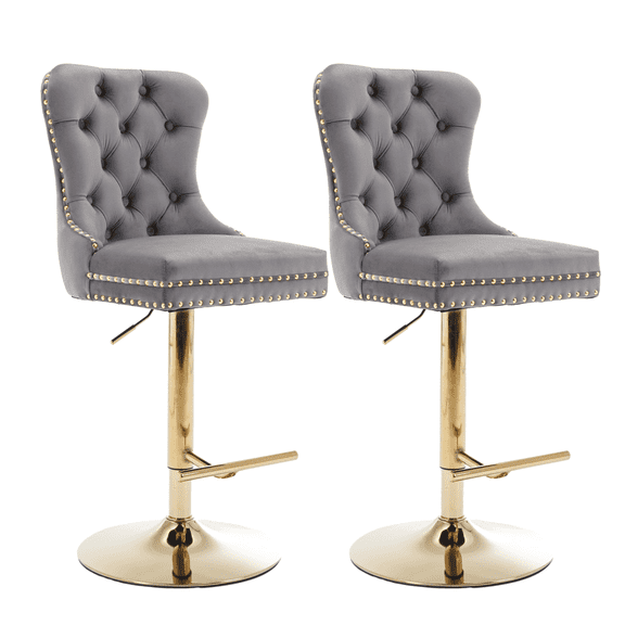 Round Kitchen High Bar Chairs with Golden Base Velvet Bar Stool Chair Height Adjustable from 27-35 Inch Counter Chair with Back Swivel Barstool with Footrest for Kitchen Dining Room (Set of 2)