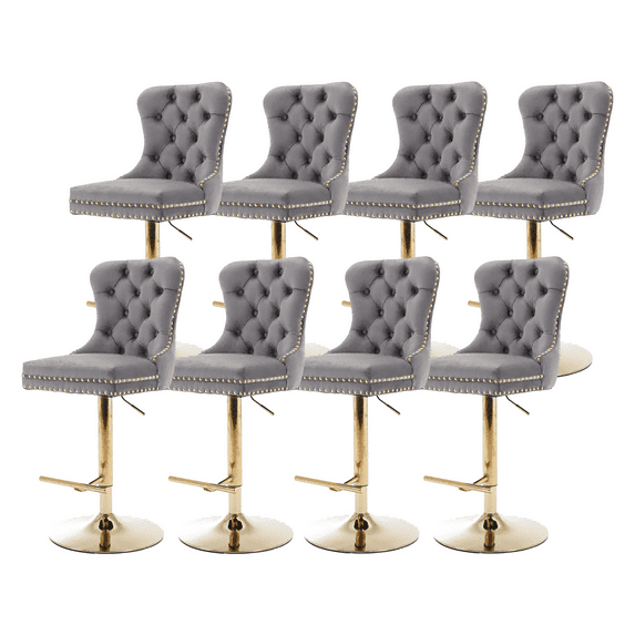 Round Kitchen High Bar Chairs with Golden Base Velvet Bar Stool Chair Height Adjustable from 27-35 Inch Counter Chair with Back Swivel Barstool with Footrest for Kitchen Dining Room (Set of 8)
