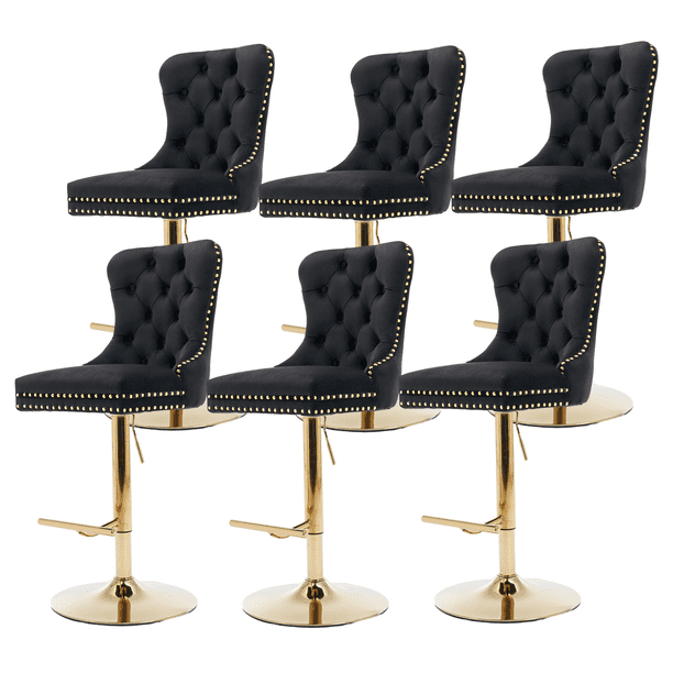 Round Kitchen High Bar Chairs with Golden Base Velvet Bar Stool Chair Height Adjustable from 27 35 Inch Counter Chair with Back Swivel Barstool with Footrest for Kitchen Dining Room Set of 6