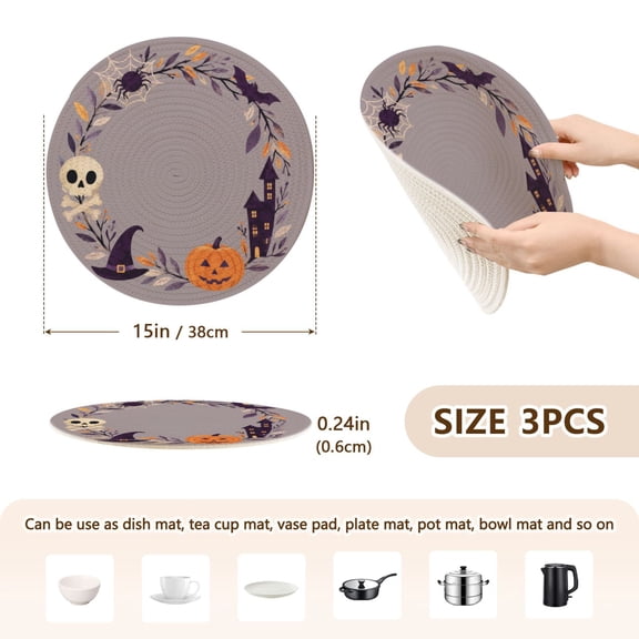 Round Kitchen Placemats Set of 3 Heat Resistant Trivets for Hot Pots and Pans Fall Alloween Wreath Printed Table Mats