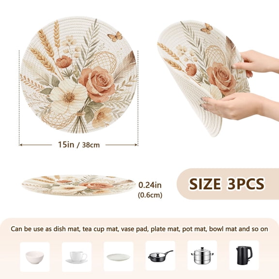Round Kitchen Placemats Set of 3 Heat Resistant Trivets for Hot Pots and Pans Fall Bouquet Printed Table Mats