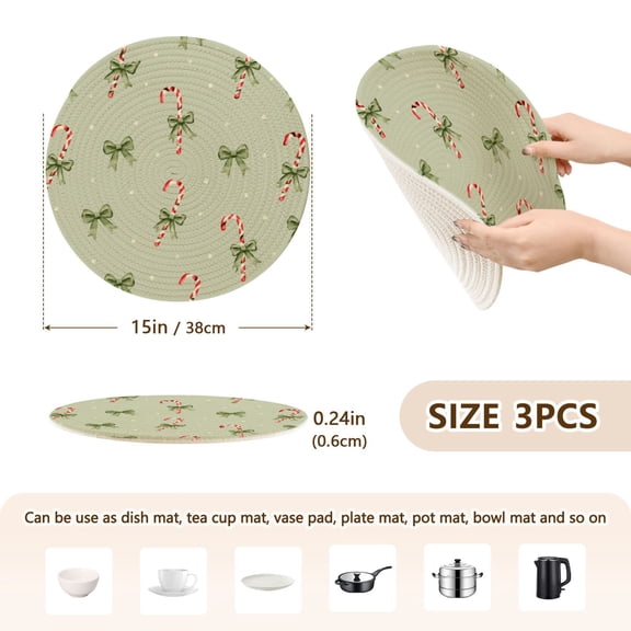Round Kitchen Placemats Set of 3 Heat Resistant Trivets for Hot Pots and Pans Fall Candy Cane Printed Table Mats