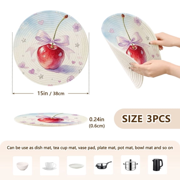 Round Kitchen Placemats Set of 3 Heat Resistant Trivets for Hot Pots and Pans Fall Cherry Bow Art Printed Table Mats