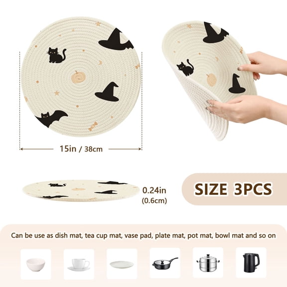 Round Kitchen Placemats Set of 3 Heat Resistant Trivets for Hot Pots and Pans Fall Halloween Cat Printed Table Mats