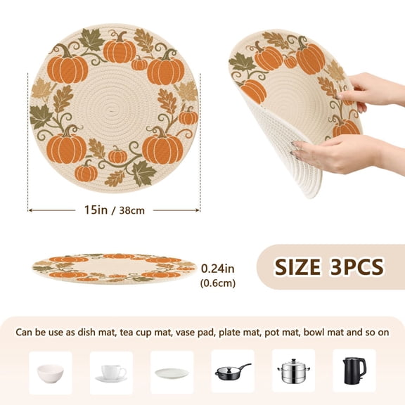 Round Kitchen Placemats Set of 3 Heat Resistant Trivets for Hot Pots and Pans Fall Pumpkin Wreath Printed Table Mats
