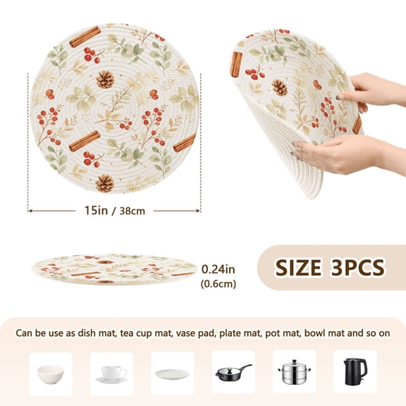 Round Kitchen Placemats Set of 3 Heat Resistant Trivets for Hot Pots and Pans Fall Spice Berry Printed Table Mats