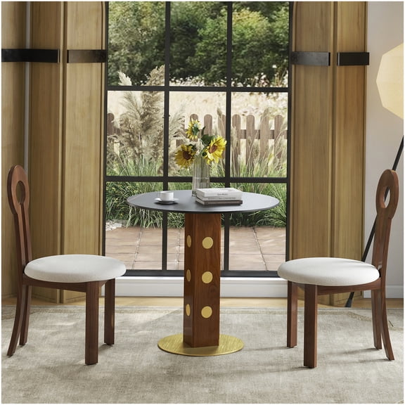 Round Kitchen Table for 2 Person, Small Dining Table with Sintered Stone Top & Gold Leg, Modern Design for Breakfast Nook, Black/Walnut