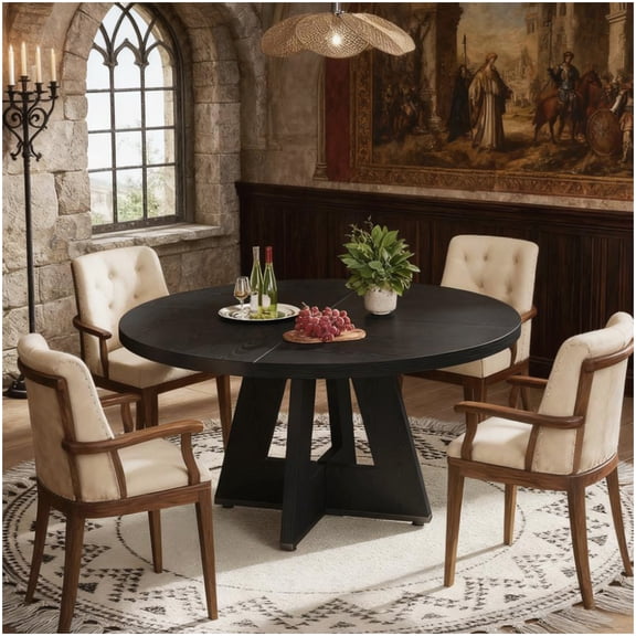 Round Kitchen Table for 4-6 Persons, 47 Inch Black Walnut Finish Dining Room Table