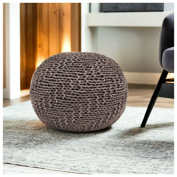 Round Knit Pouf - Modern Floor Cushion, Eco-Friendly PET Yarn, 20x20x14 Inch, Indoor Outdoor Ottoman, Cozy Home Decor Accent Light Brown + PET