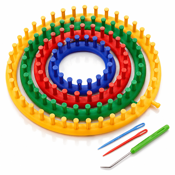 Round Knitting Loom Set,4 Pcs Circular Knit Looms with Crochet Hook and 2 Pcs Needles,DIY Knitting Tools Set for Hats Gloves and Socks Home DIY Projects