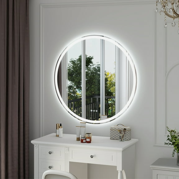 Round LED Bathroom Mirror with Front & Back Lights, Anti-Fog, Dimmable 3-Color Lighting, Frameless Wall-Mounted Vanity Mirror, Plug-In or Hardwired