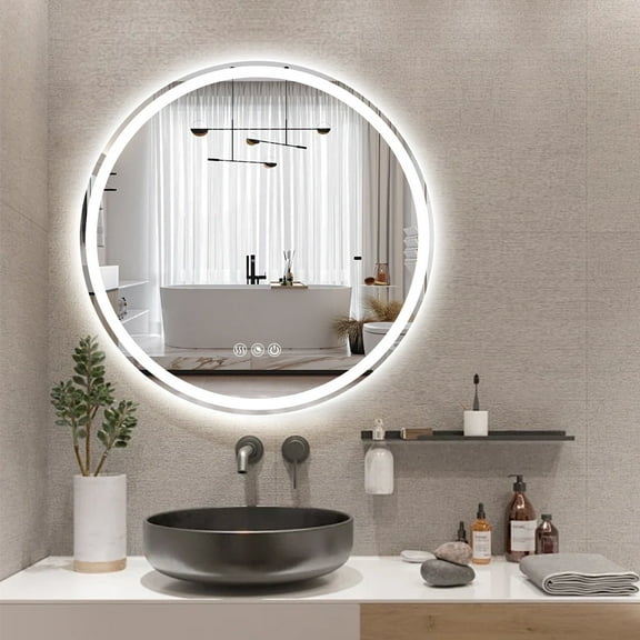 Round LED Bathroom Vanity Mirror with Lights 24 Inch Round LED Wall Mounted Mirror with Lights 3 CCT Dimmable LED Vanity Mirror Anti-Fog Dual Lighted LED Bathroom Mirror 
