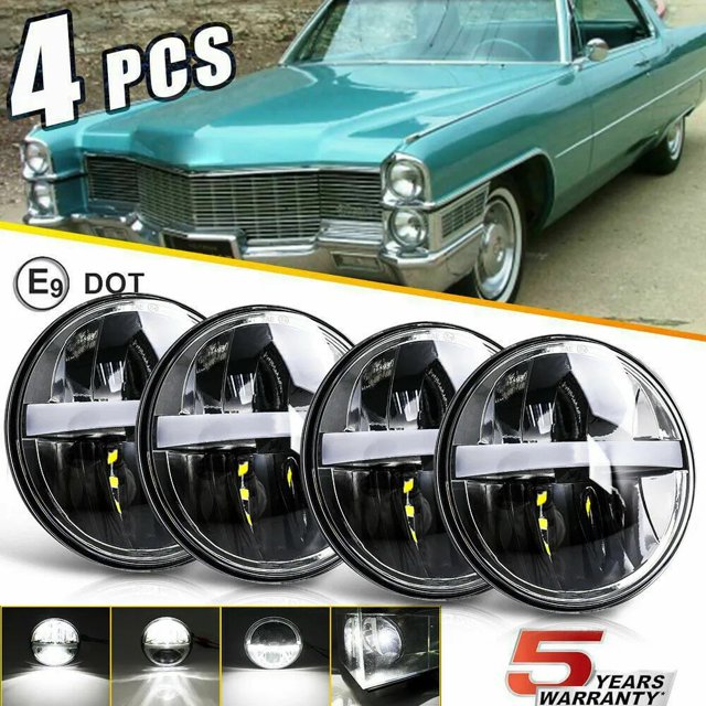 4-Pack 5.75 Inch Round LED Headlights With Halo For 1965-1974 Cadillac Calais - Black Housing, DOT SAE, H4