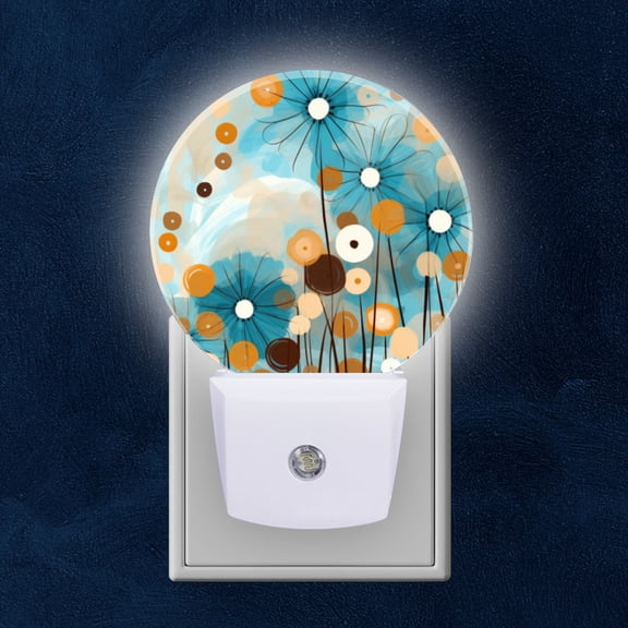 Round LED Night Lights Lamp with Dusk to Dawn Sensor, Abstract Blue Flower And Circle Pattern Night Light Plug Into Wall for Kids Room, Bedroom, Bathroom, Kitchen, Hallway