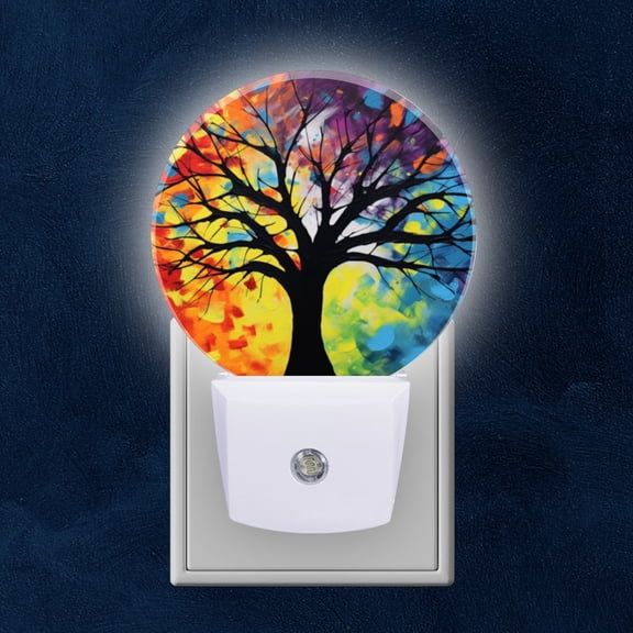 Round LED Night Lights Lamp with Dusk to Dawn Sensor, Abstract Painting Of Silhouetted Tree With Colorful Background, Night Light Plug Into Wall for Kids Room, Bedroom, Bathroom, Kitchen, Hallway