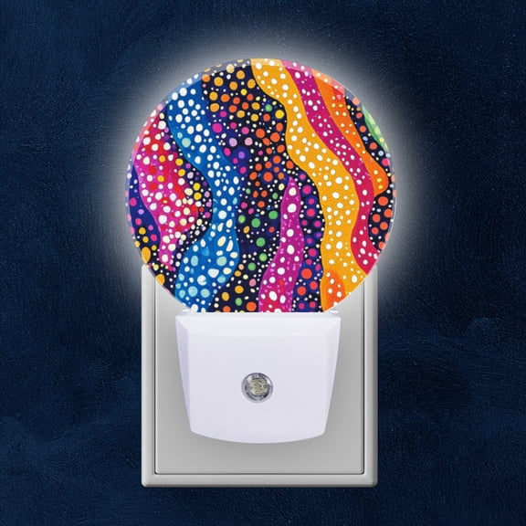 Round LED Night Lights Lamp with Dusk to Dawn Sensor, Abstract Wave And Dot Pattern On Dark Blue Background Night Light Plug Into Wall for Kids Room, Bedroom, Bathroom, Kitchen, Hallway