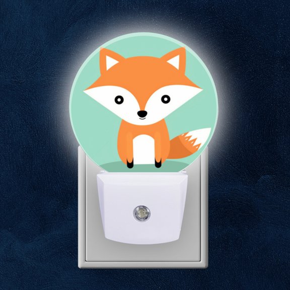 Round LED Night Lights Lamp with Dusk to Dawn Sensor, Adorable Cartoon Fox On Mint Green Background Night Light Plug Into Wall for Kids Room, Bedroom, Bathroom, Kitchen, Hallway