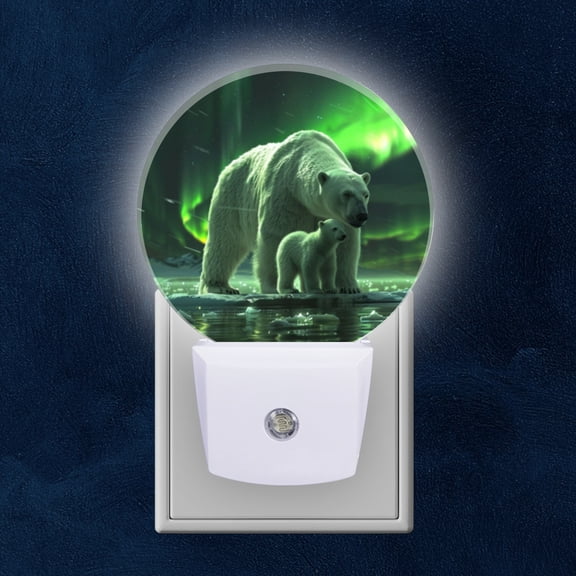 Round LED Night Lights Lamp with Dusk to Dawn Sensor, Adult Polar Bear And Cub On Ice Under The Northern Lights Night Light Plug Into Wall for Kids Room, Bedroom, Bathroom, Kitchen, Hallway