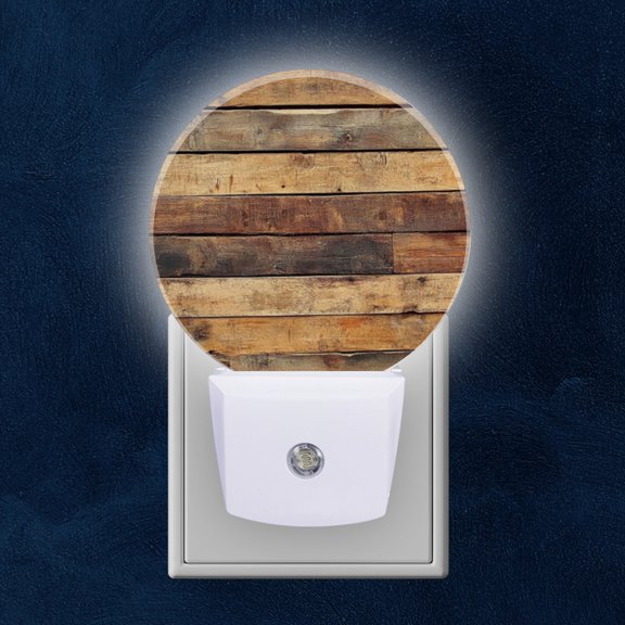 Round LED Night Lights Lamp with Dusk to Dawn Sensor, Aged Wood Plank Texture Night Light Plug Into Wall for Kids Room, Bedroom, Bathroom, Kitchen, Hallway