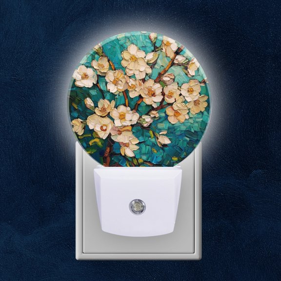 Round LED Night Lights Lamp with Dusk to Dawn Sensor, Almond Flowers On Teal Background Impasto Art Night Light Plug Into Wall for Kids Room, Bedroom, Bathroom, Kitchen, Hallway