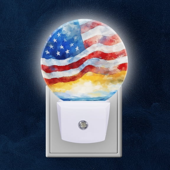 Round LED Night Lights Lamp with Dusk to Dawn Sensor, American Flag Under Blue Sky Night Light Plug Into Wall for Kids Room, Bedroom, Bathroom, Kitchen, Hallway