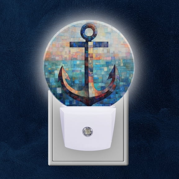 Round LED Night Lights Lamp with Dusk to Dawn Sensor, Anchor In Mosaic Of Blue And Colorful Tiles Night Light Plug Into Wall for Kids Room, Bedroom, Bathroom, Kitchen, Hallway