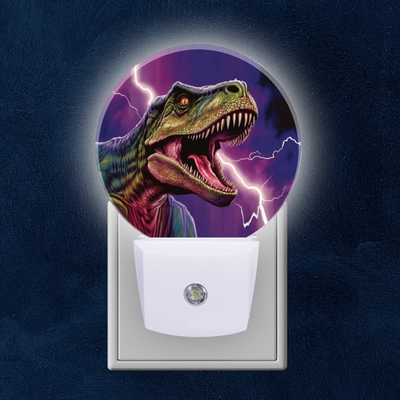 Round LED Night Lights Lamp with Dusk to Dawn Sensor, Another T Rex Portrait With Lightning Night Light Plug Into Wall for Kids Room, Bedroom, Bathroom, Kitchen, Hallway