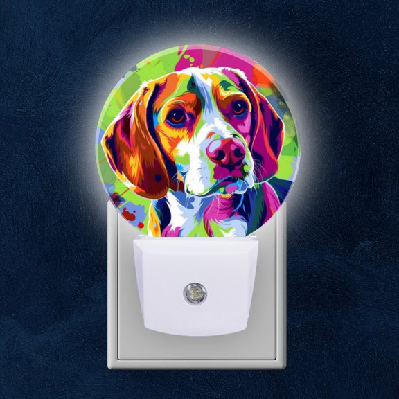 Round LED Night Lights Lamp with Dusk to Dawn Sensor, Artistic Charm Of Multihued Beagle Night Light Plug Into Wall for Kids Room, Bedroom, Bathroom, Kitchen, Hallway