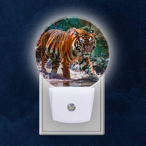 Round LED Night Lights Lamp with Dusk to Dawn Sensor, Artistic Tiger Walking Through Splash Filled Jungle Night Light Plug Into Wall for Kids Room, Bedroom, Bathroom, Kitchen, Hallway