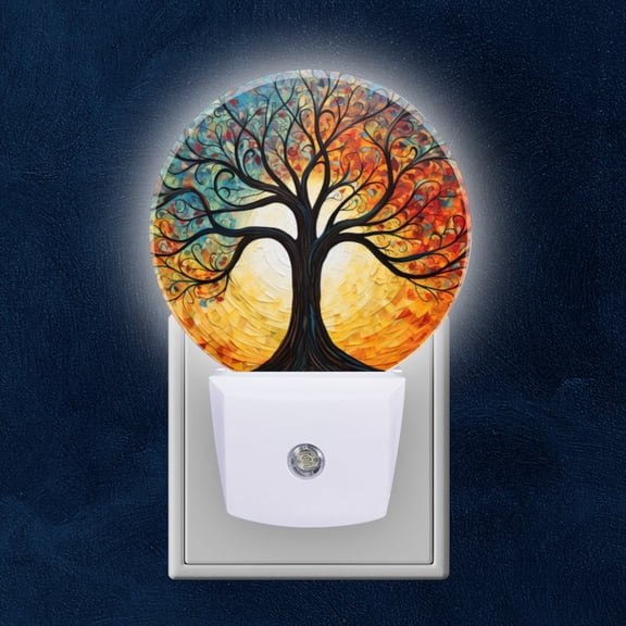 Round LED Night Lights Lamp with Dusk to Dawn Sensor, Artistic Tree With Mosaic Style Leaves Night Light Plug Into Wall for Kids Room, Bedroom, Bathroom, Kitchen, Hallway