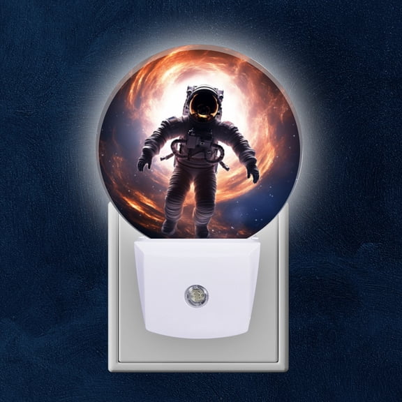 Round LED Night Lights Lamp with Dusk to Dawn Sensor, Astronaut Floating In Space Near Vortex Nebula Night Light Plug Into Wall for Kids Room, Bedroom, Bathroom, Kitchen, Hallway