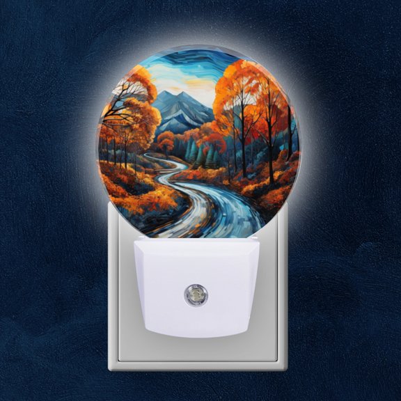 Round LED Night Lights Lamp with Dusk to Dawn Sensor, Autumn Road Through Colorful Forest Night Light Plug Into Wall for Kids Room, Bedroom, Bathroom, Kitchen, Hallway