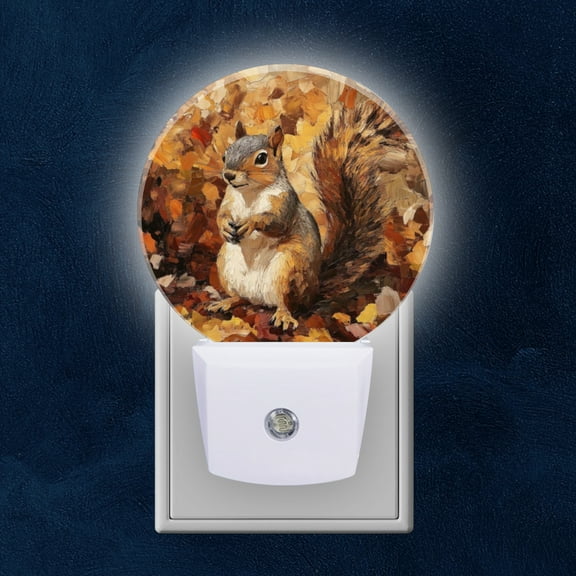 Round LED Night Lights Lamp with Dusk to Dawn Sensor, Autumn Squirrel Forest Leaves Landscape Nature Image Night Light Plug Into Wall for Kids Room, Bedroom, Bathroom, Kitchen, Hallway