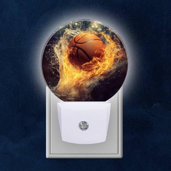 Round LED Night Lights Lamp with Dusk to Dawn Sensor, Basketball Surrounded By Fire And Water Splash Night Light Plug Into Wall for Kids Room, Bedroom, Bathroom, Kitchen, Hallway