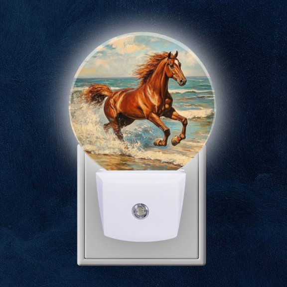 Round LED Night Lights Lamp with Dusk to Dawn Sensor, Beautiful Chestnut Horse Rushing To Shore Night Light Plug Into Wall for Kids Room, Bedroom, Bathroom, Kitchen, Hallway