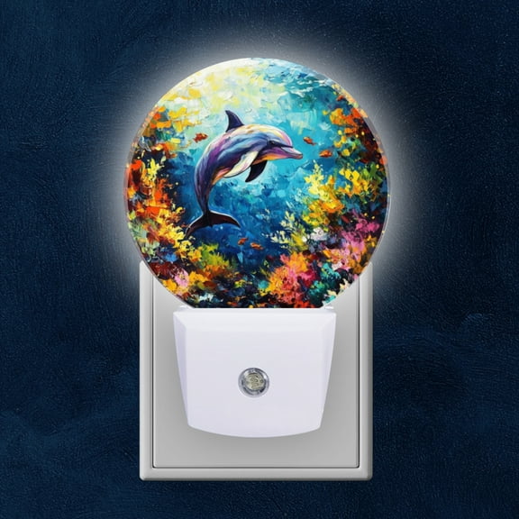 Round LED Night Lights Lamp with Dusk to Dawn Sensor, Beautiful Dolphin In Ocean SeCoral Reef Night Light Plug Into Wall for Kids Room, Bedroom, Bathroom, Kitchen, Hallway